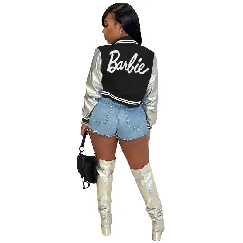 Fashion Barbie Girls Baseball Jacket Kawaii Y2K Autumn Winter Casual Embroidered Stitching Slim Short Streetwear Uniform Coat