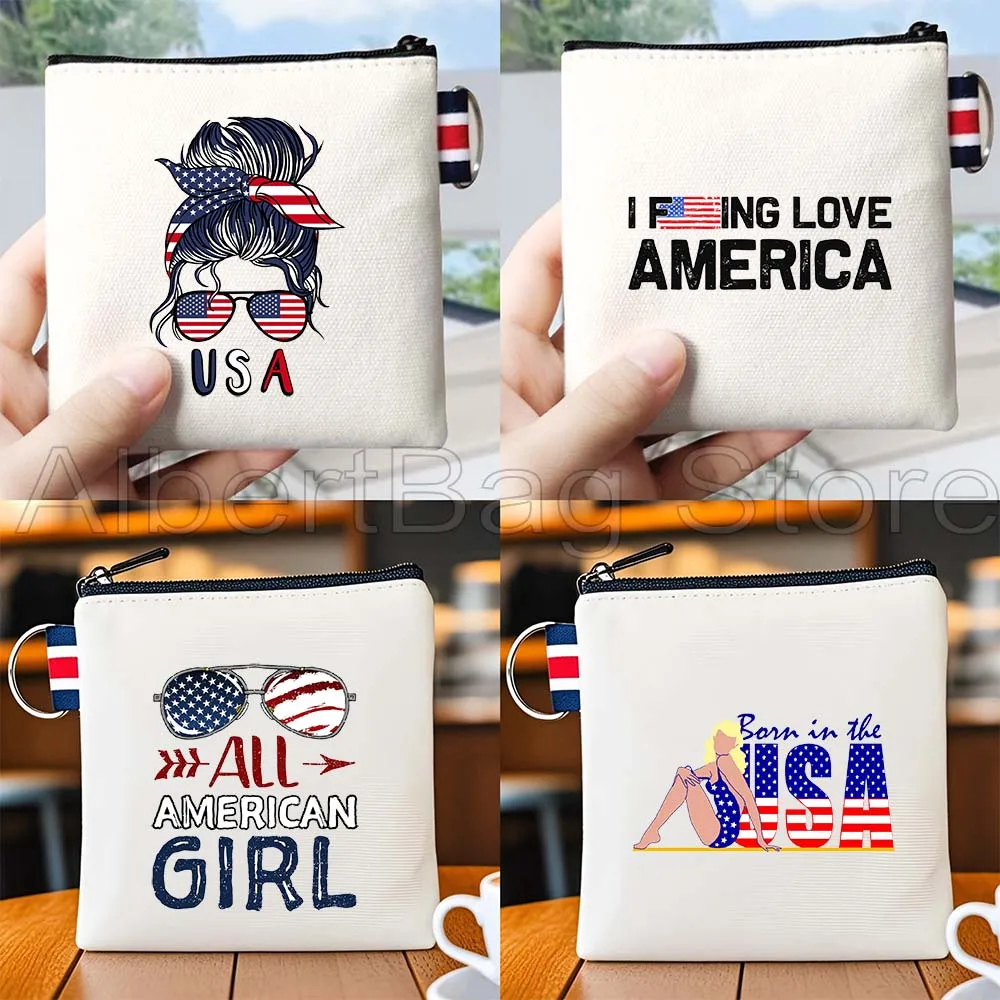 

American Flag Patriotic Gifts Agle 4th of July USA Map Canvas Coin Purse Small Square Key Lipstick Storage Card Bag Wallet Pouch