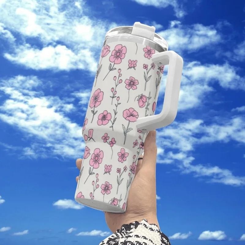 Doodle Wildflowers 40oz Stainless Steel Tumbler with Handle, Lid, and Straw – Botanical Floral Drink Cup, Travel Tumbler, Cute Gift Idea