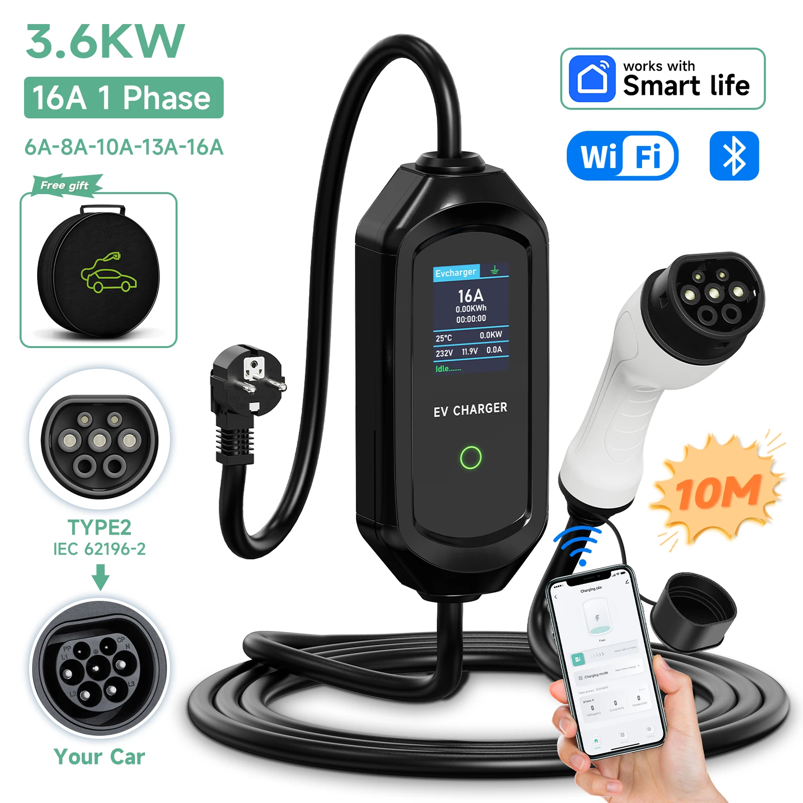 AFYEEV EV Draagbare Oplader Type2 IEC62196-2 Plug Connector 16A 1 Fase 3.6KW EU Plug Laadstation Voor Elektrische Voertuig