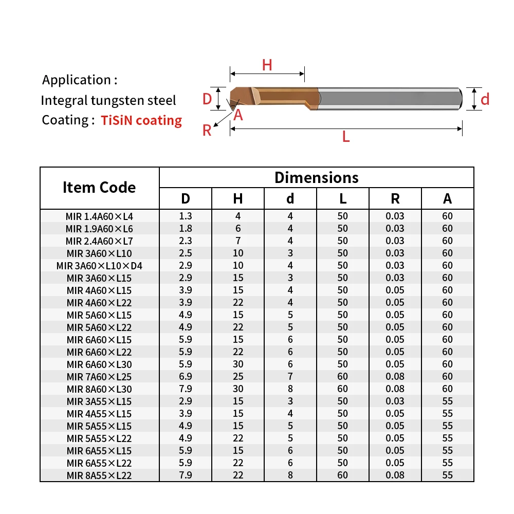 MIR Series Small Bore Boring Tools Tungsten Integral Carbide Internal Shock-Proof Boring Tool Diameter For Micro Slot Machining