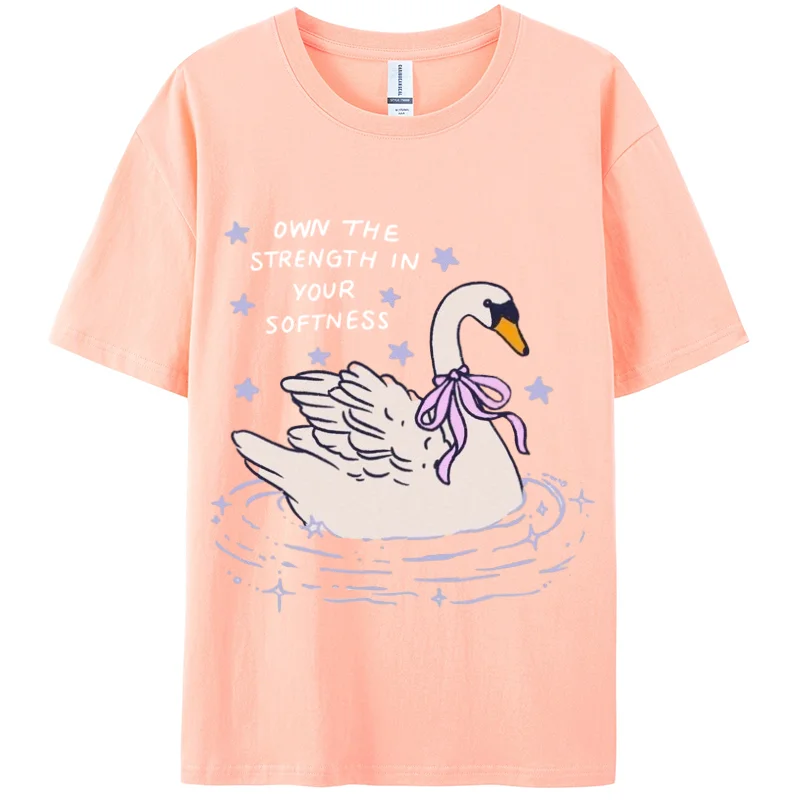 Bow Swan Pattern TShirt Luxury Brand Harajuku Tees 2024 Summer Prevalent Y2k Short Sleeve Tops Women Clothing Casual Camisetas