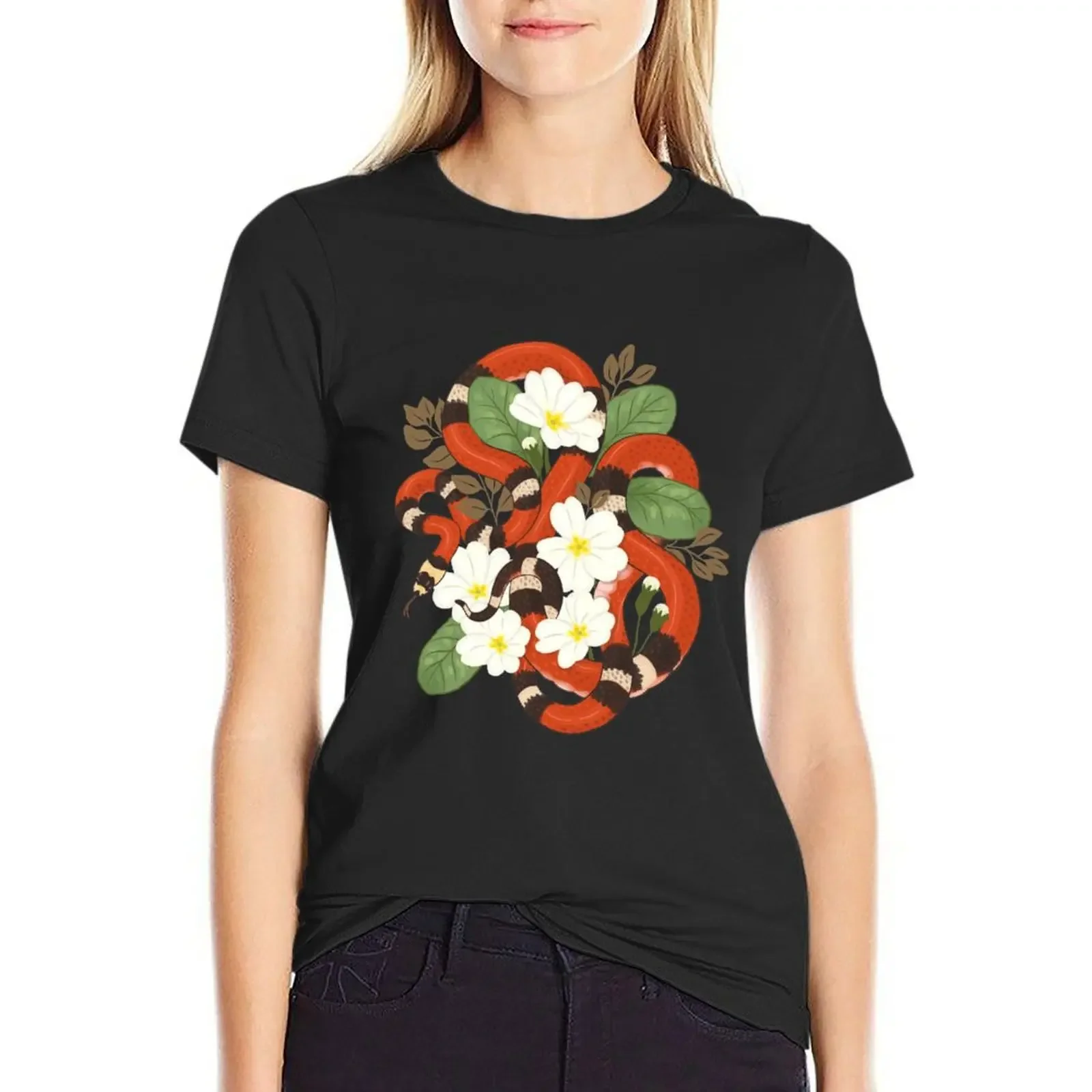 

Honduran Milk Snake and Primroses T-shirt oversized cute tops Woman T-shirts