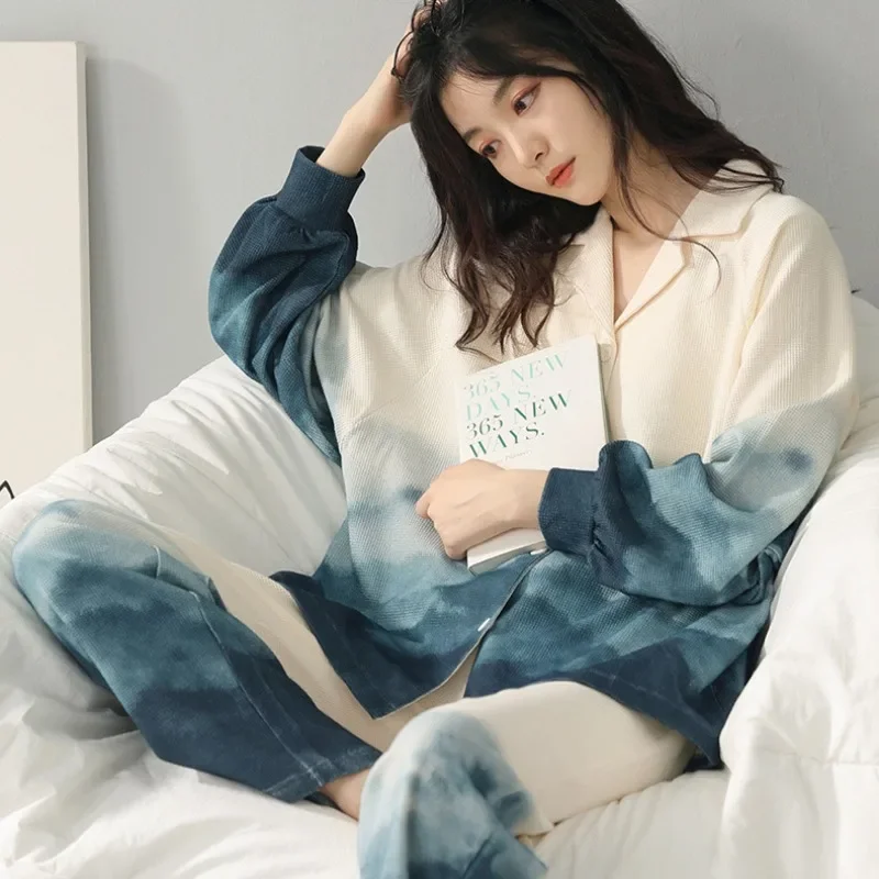 Korean Version of The Pajamas Suit Women Spring and Autumn Cotton Long-sleeved Cardigan Temperament Leisure Home Wear Sleepwear