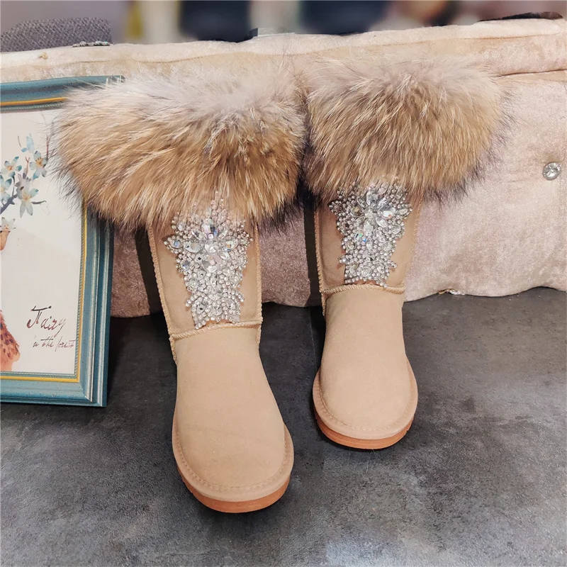 Luxury rhine-diamond pearlescent white snow boots natural fox hair short tube warm women's large size flat shoes 35-44