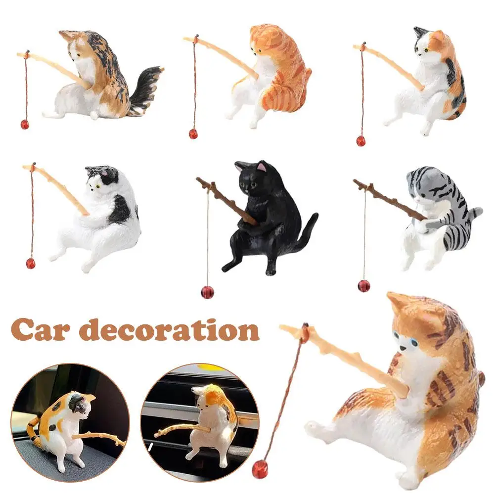 Cute Car Interior Fishing Cat Kawaii Funny Kitten Anime Decor Resin Toy Dashboard Window Air Outlet Decorative Accessories