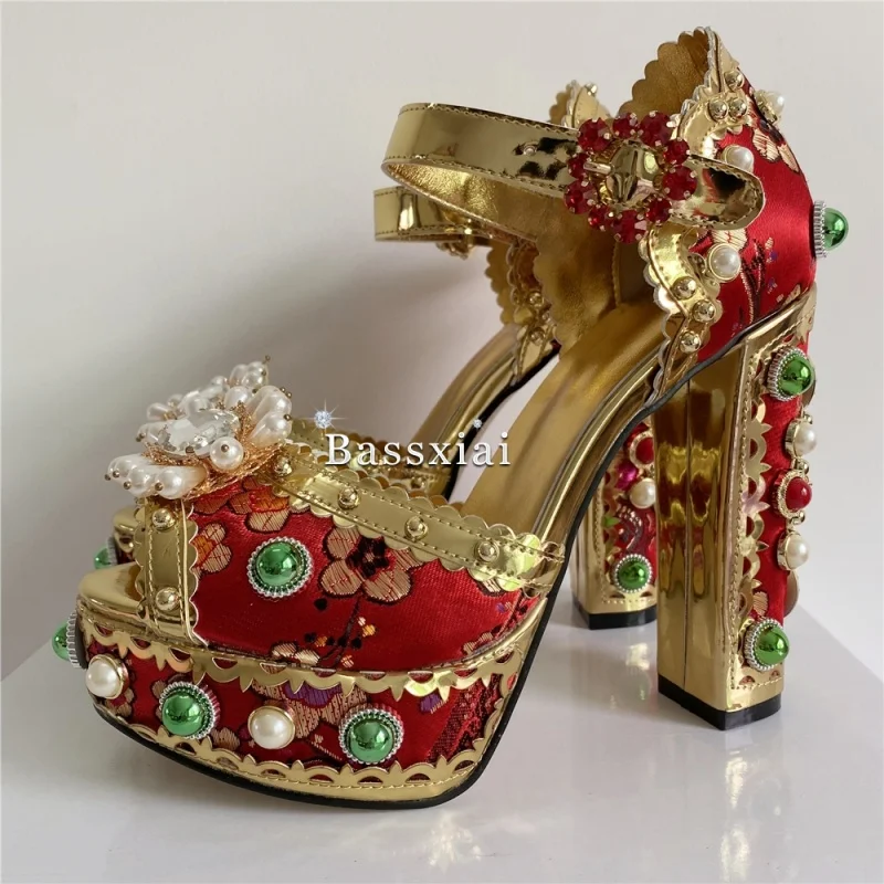 Top Quality Embroidery Satin Party Shoes Summer Beads Pearl Chunky Heel Rhinestone Diamond Platform Sandals Women image 3