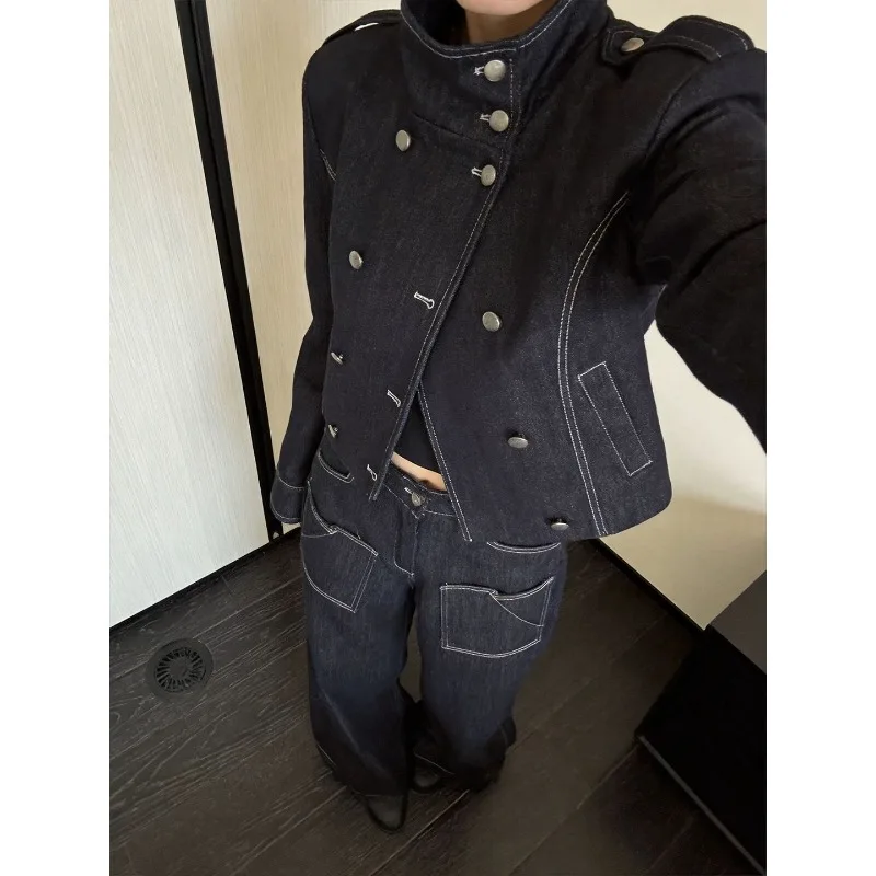 Retro Motorcycle Coat Set Unique Women‘s Dark Blue Denim Double Breasted Stand Collar Coat Casual Wide Leg Pant Streetwear