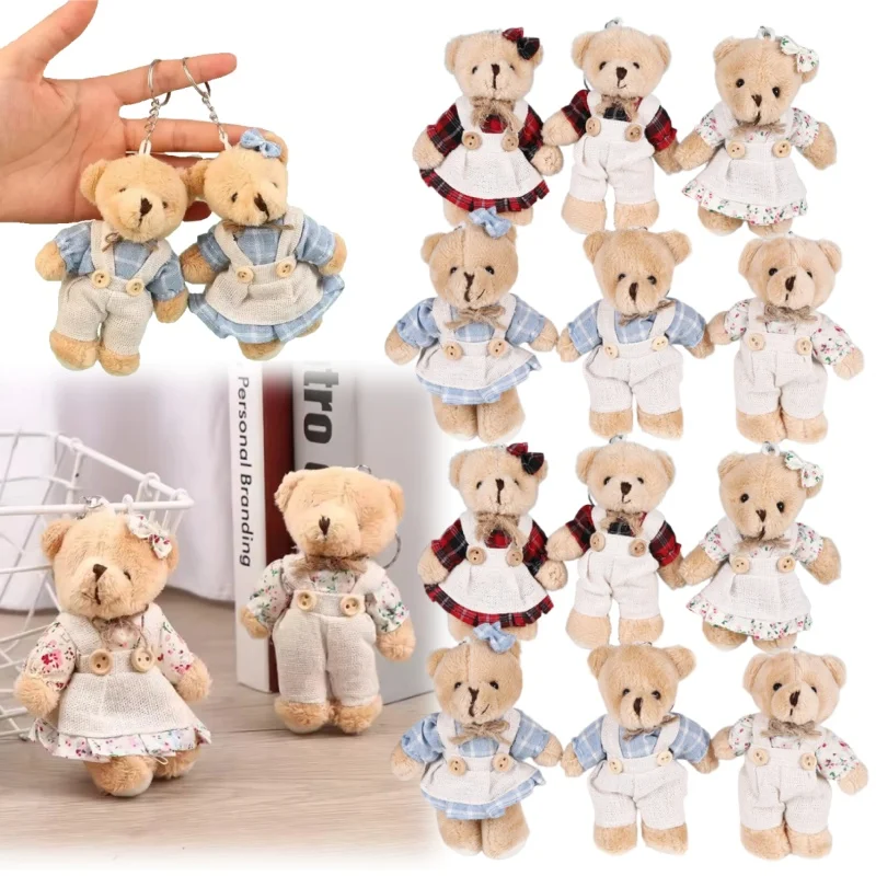 

Cute Linen Teddy Bear Keychain Women Couple Country Style Keychain on Bag Car Trinket Female Wedding Party Toy Girl Gift