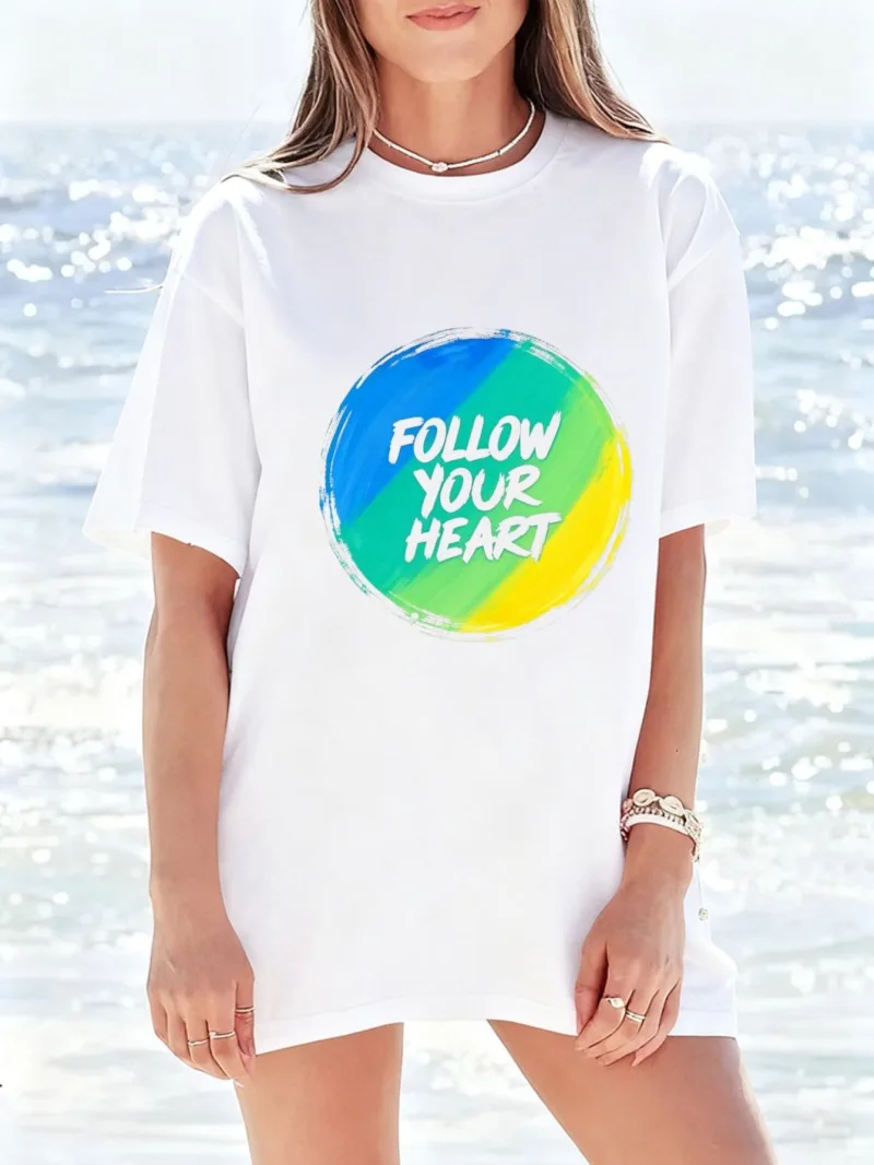 

Белая женская футболка с короткими рукавами для летнего отдыха на берегу моря, стильный принт, цветной акварельный узор, свободная повседневная мода