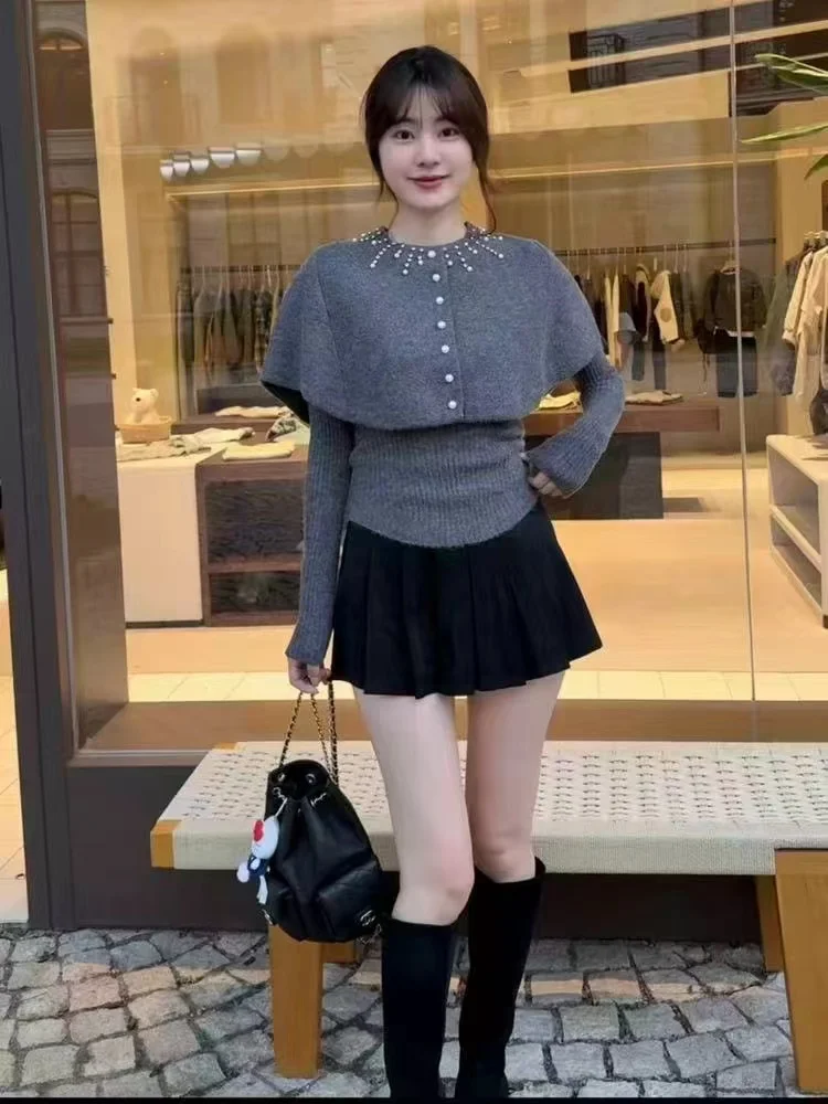 New O-Neck Beading Knitted Sweater Women Pullovers Long Sleeve Cloak Shawl Knit Sweater Pullover Women Tops Women Clothing Q2013