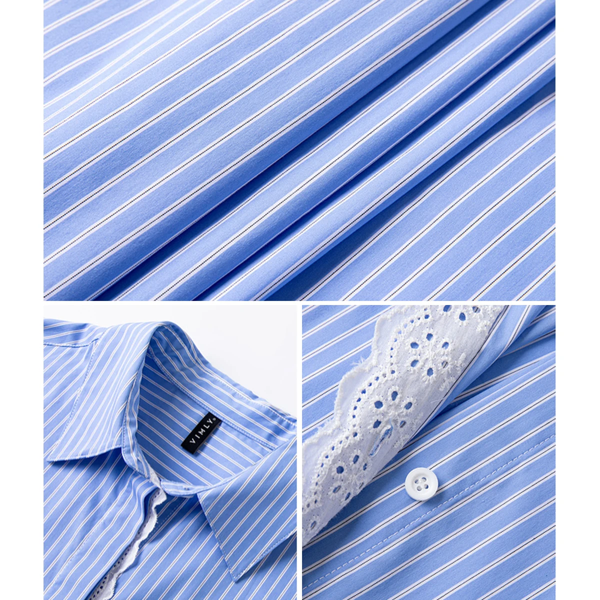 VIMLY bleu rayé chemise 2025 automne femmes à manches longues col Polo tenue de bureau femme Blouse dentelle boutonné dames chemises A2201
