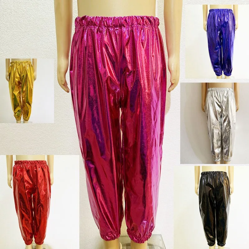 반짝이는 메탈릭 댄스 팬츠 – 어린이와 성인을 위한 신축성 있는 스트레이트 레그 테이퍼드 바지, 무대 공연에 적합