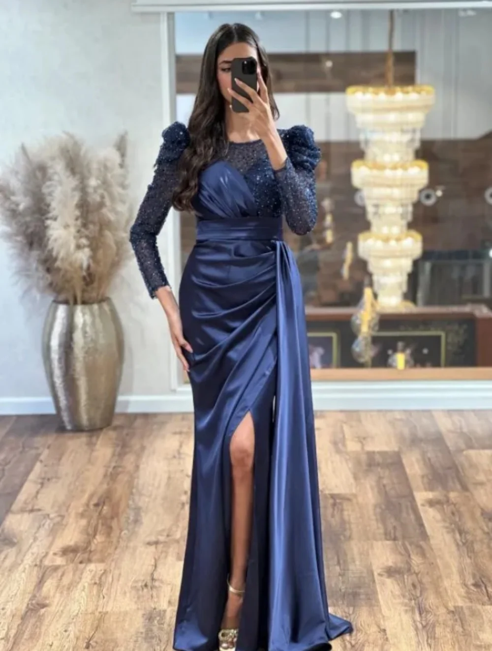 Formal Evening Dress O-Neck Long Sleeves Sequin Prom Party Dress Custom Satin Slim Mermaid Side Split Arab Women Reception Dress