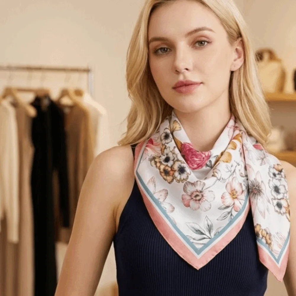 

New Floral Print Square Silk Scarf Soft Luxury Bandana Scarf Polyester Elegant Neckerchief Scarf Spring