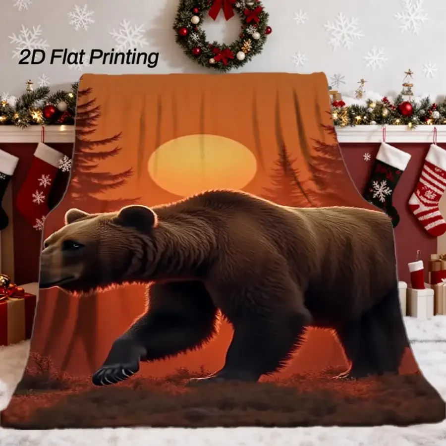 1pc Majestic Brown Bear Forest Sunset Flannel Blanket - Soft All-Season Throw with Earthy Wildlife Design, Machine Washable for