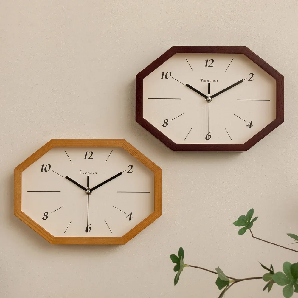 Japanese Style Retro Solid Wood Wall Clock Home Decoration Living Room Silent Wall Watch Study Office Simple Octagonal Clock