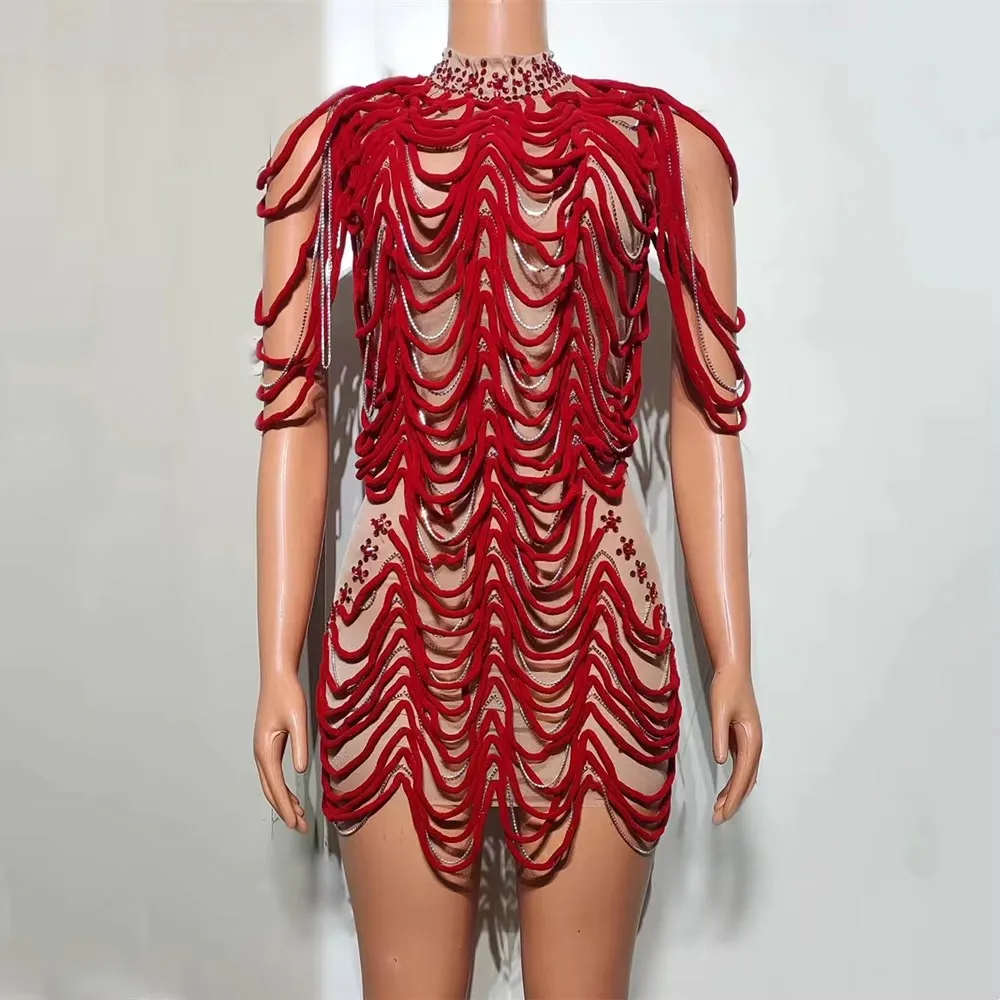 Sexy Rhinestone Chains Short Dress for Women Transparent Crystal Mesh Bar Singer Stage Performance Costume Nightclub Party Celeb