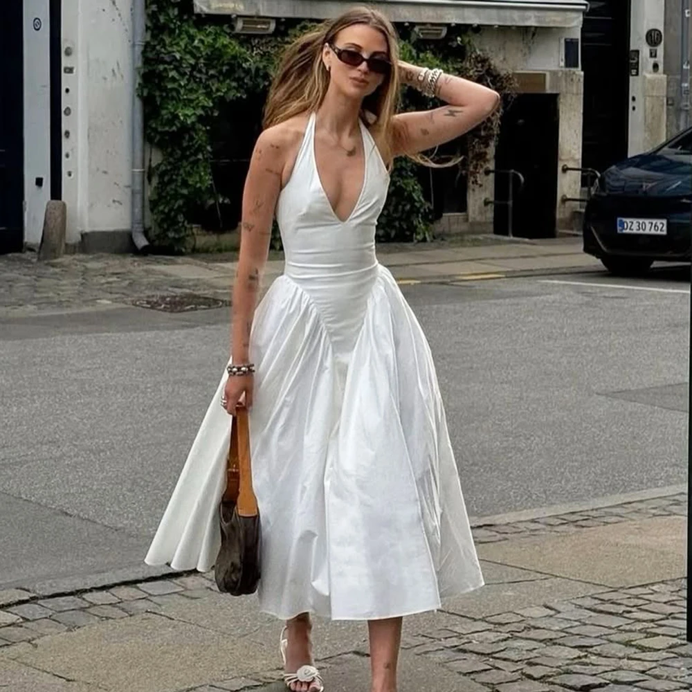 

Backless Deep V Spliced Long Dress Summer Women's Sexy Party Dress Halter New Fashion Slim White Sleeveless Long DressDeep V hol