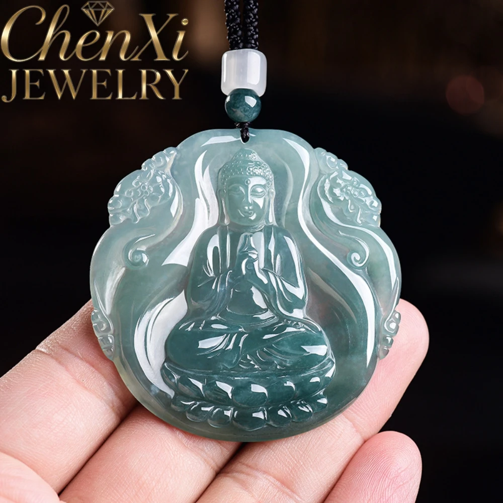 Natural Grade A Blue Water Jadeite Vairocana Buddha Pendant Zodiac Sheep Monkey Patron Saint Jade Necklace High-end Jewelry Gift