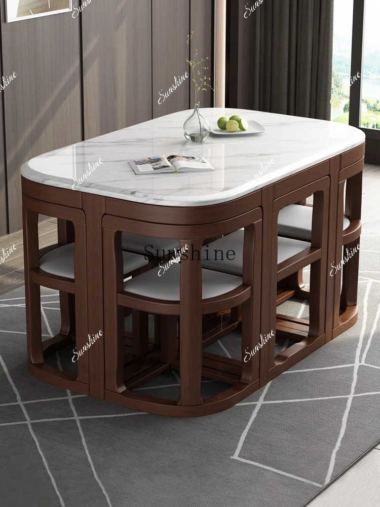 Small household new Chinese-style rectangular hidden induction cooker marble one table and six chairs  FT