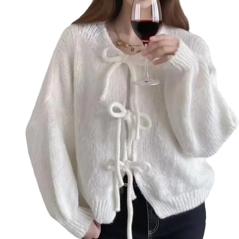 2025 Pull femme européenne et américaine automne/hiver nouveau Style couleur unie col rond cravate décontractée tricoté Cardigan manteau Sweat