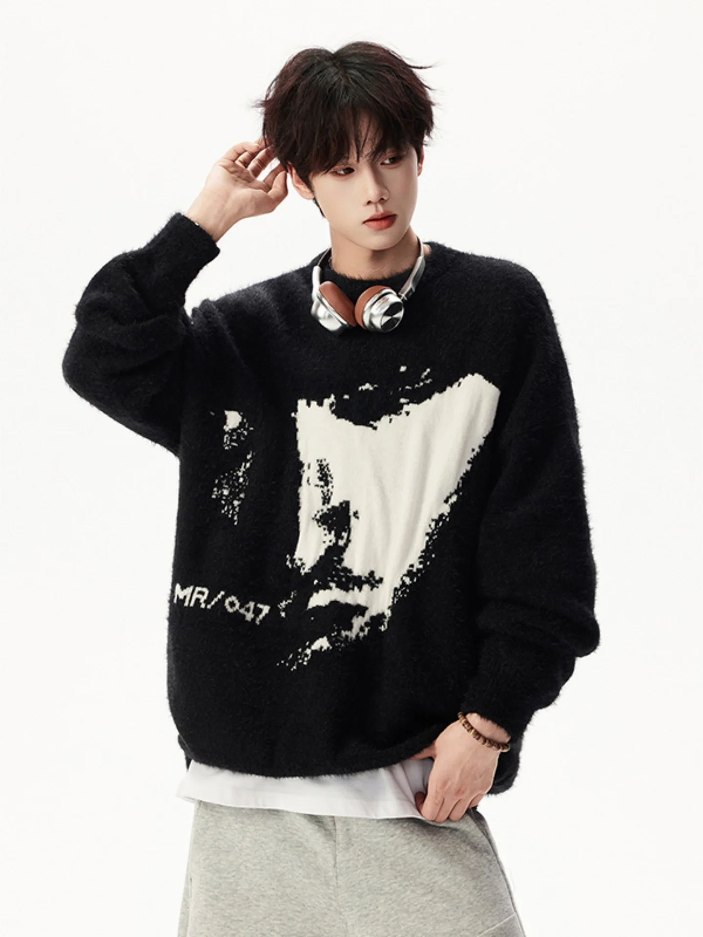 

Soft Cozy Men's Camere Sweater round Ne Overhead Knitted Outerwear Loose Fit Autumn Casual Top Faionable Vintage Pattern