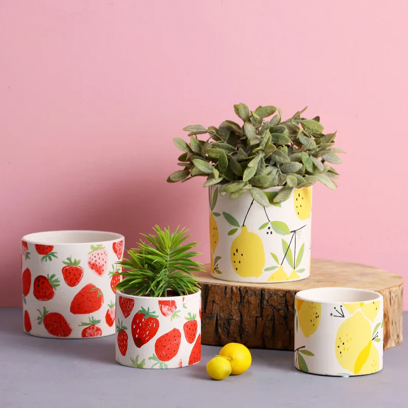 Cartoon Cute Fruit Pattern Ceramic Flowerpot with Tray Strawberry Lemon Green Plant Pots