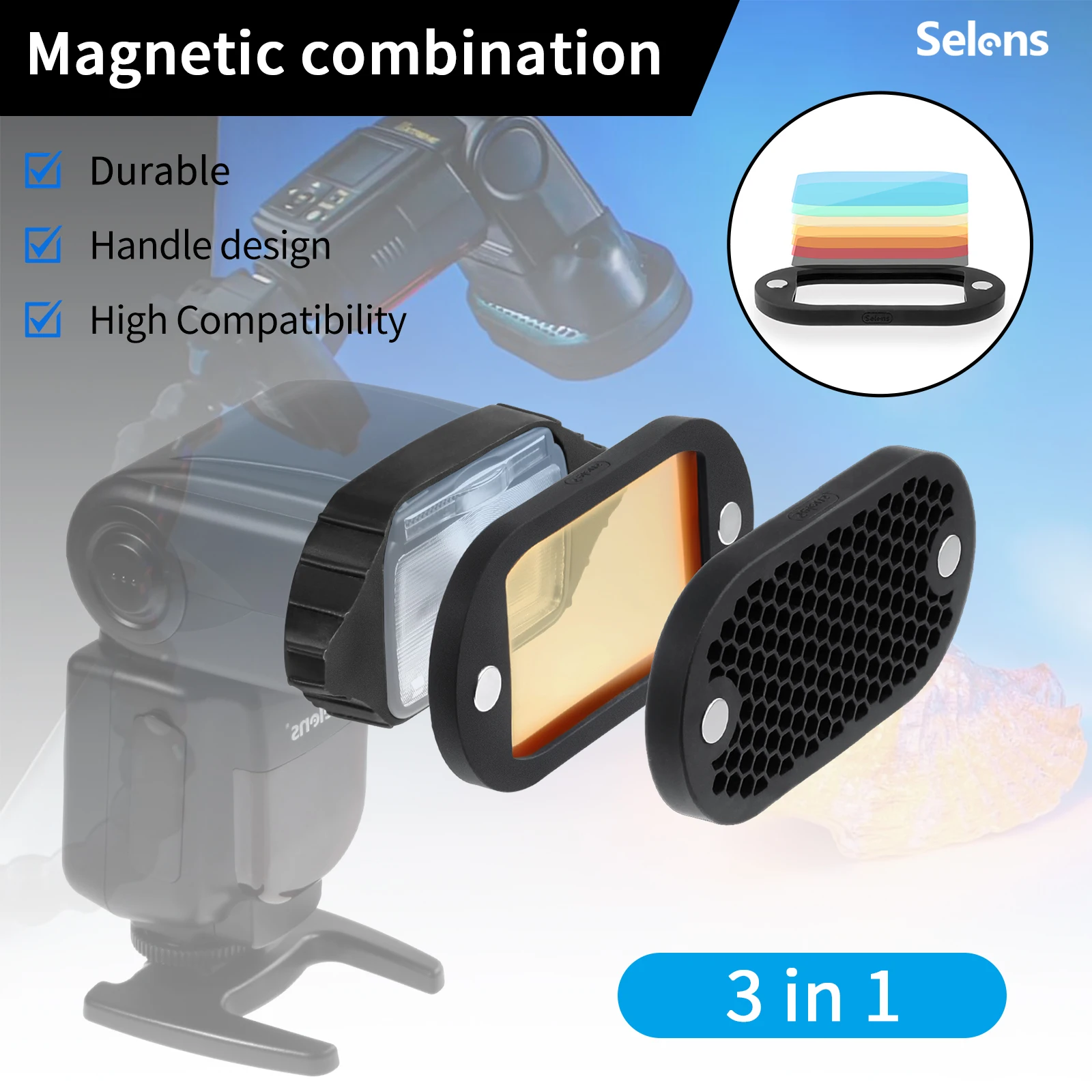 Selens Flash Diffuser 2 in 1 Universal Honeycomb Grid With 7 Color Gels Kit Magnetic Flash Camera Photography Accessory