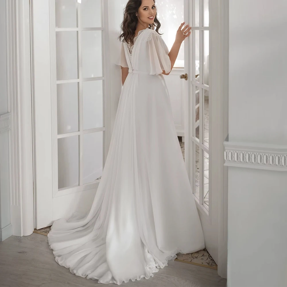 Customized Large Size Wedding Dress Chiffon V-Neck Batwing Sleeve Bride Gown A-Line Side Slit Boho Vestidos Bridal Gown