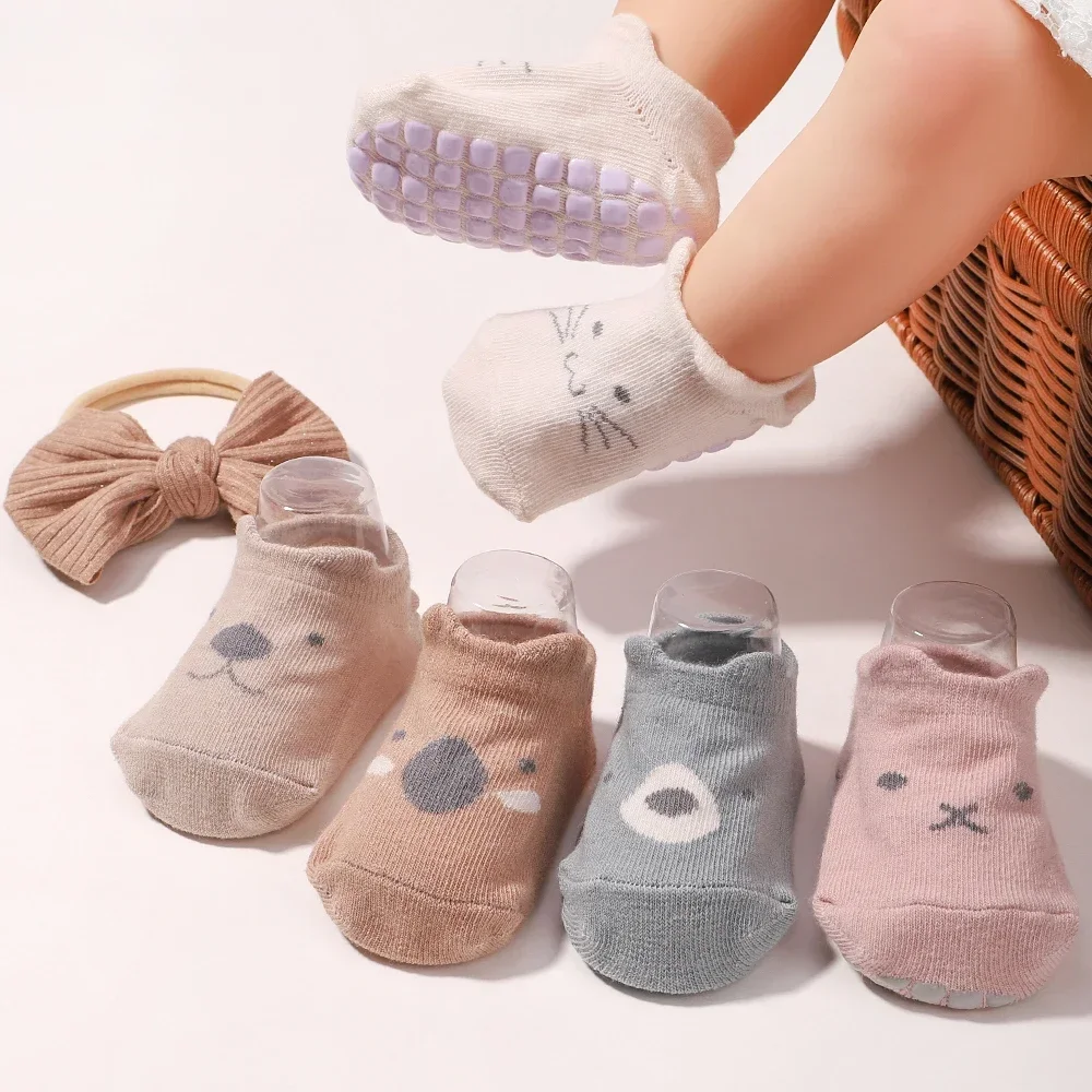 0-1Y Lovely Cartoon Baby Socks Hair Band Set Infant Toddler Non Slip Breathable Short Socks Newborn Headband Gift Photo Props