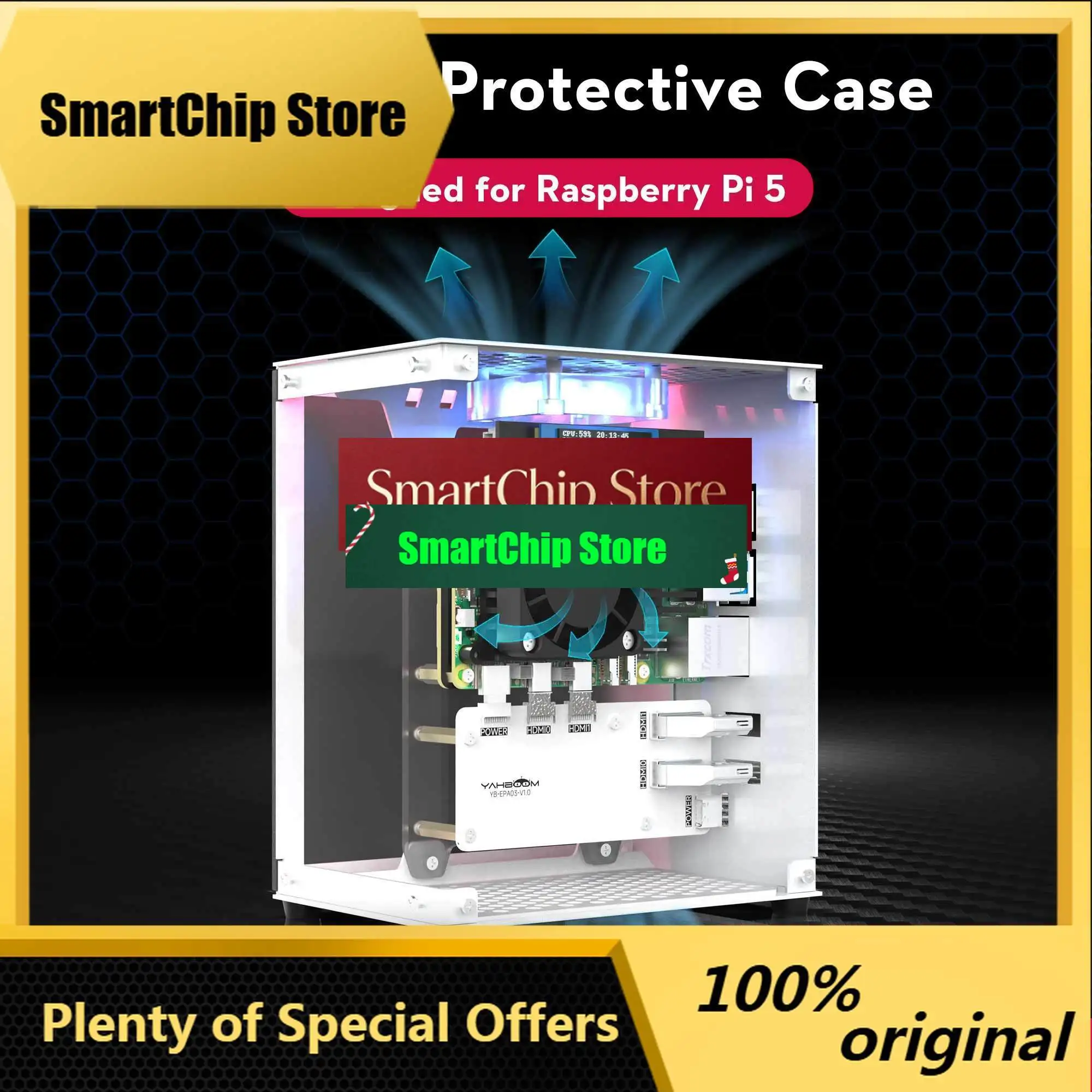 SmCpRaspberry Pi 5 Case Protective Kit With Cooling Fan RGB Color Light And 0.96 Screen Dispaly DIY Electronic Shell Support M.2