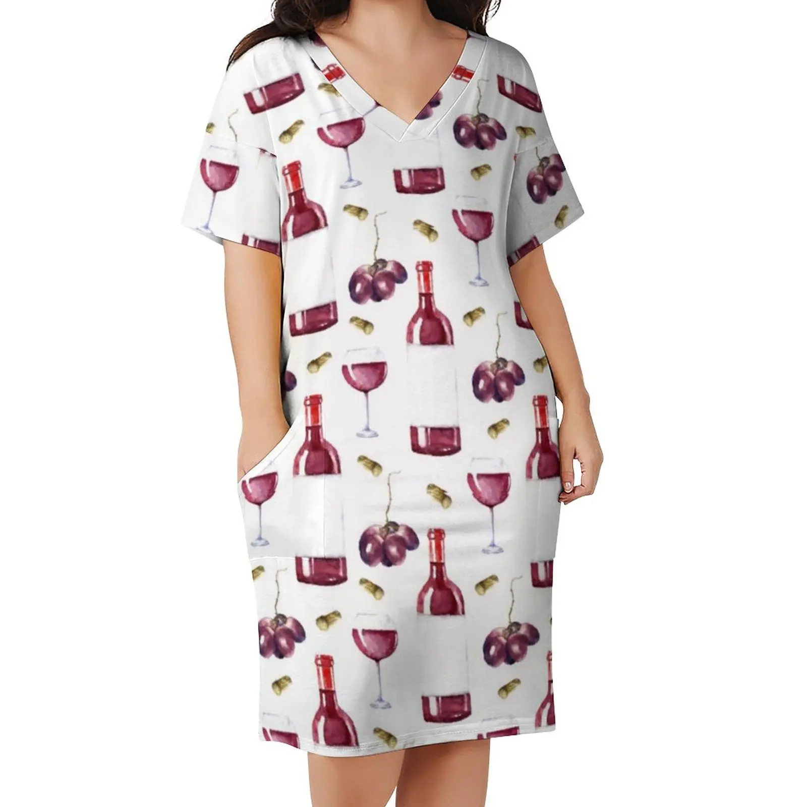 Wine Lover Casual Dress Summer Red Wine Pattern Retro Dresses Womens Short Sleeve Print Korean Fashion Dress Big Size 4XL 5XL