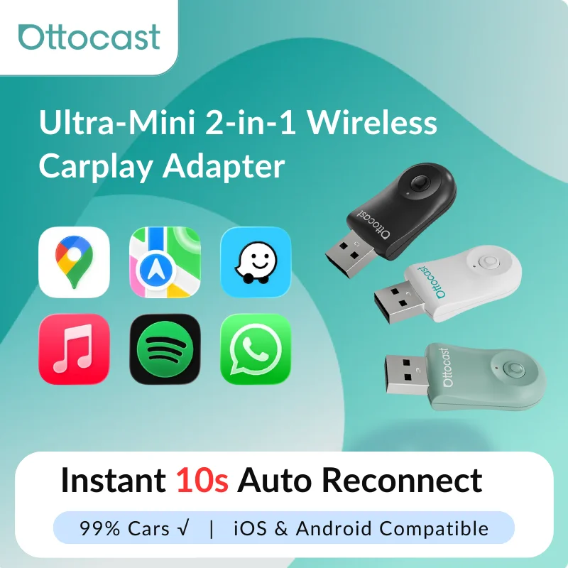 อะแดปเตอร์ Ottocast MINI Wireless Carplay รองรับ Android Auto เชื่อมต่อไว 5GHz WiFi กดปุ่มเดียวใช้งานได้ทันที สำหรับรถยนต์ Toyota Audi Benz