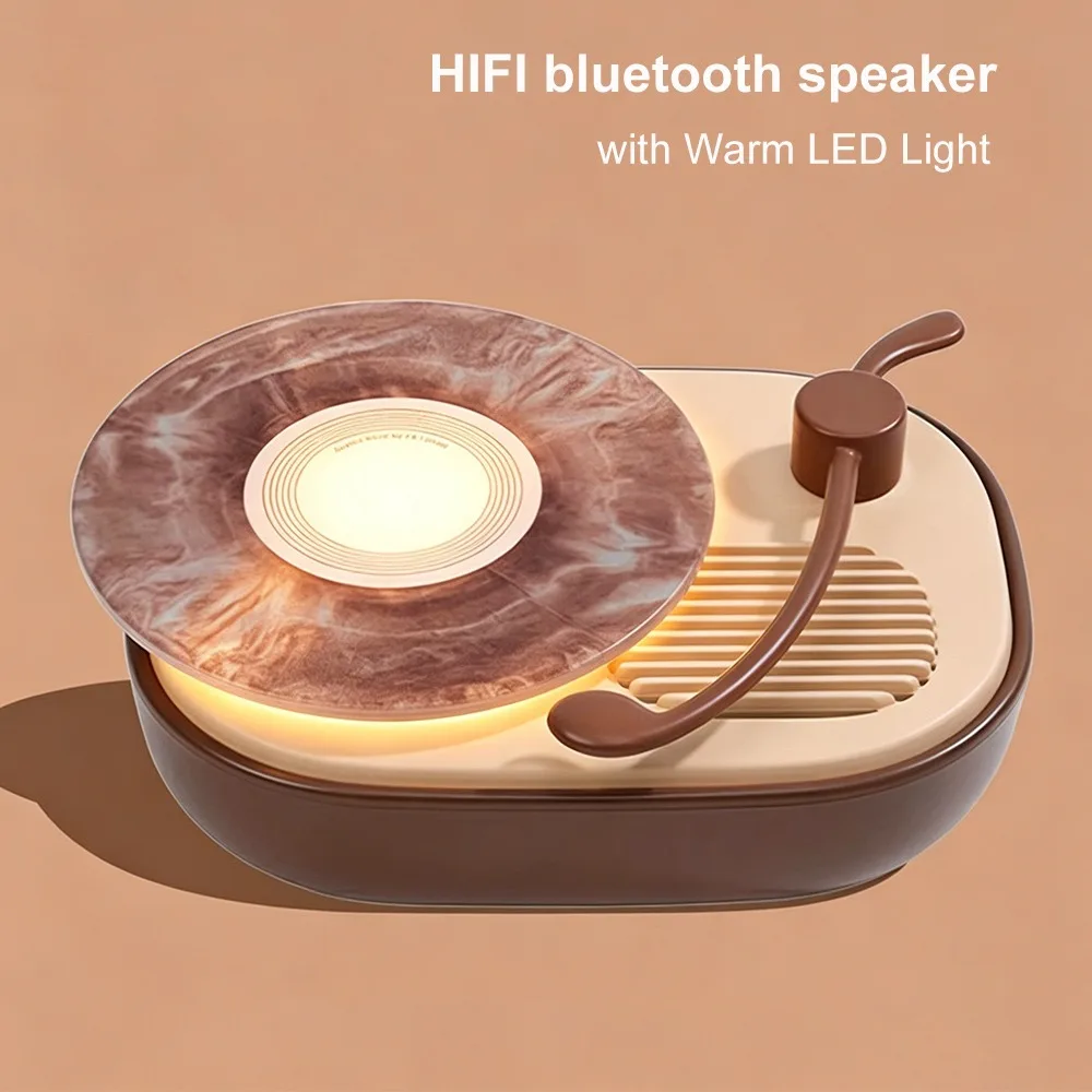 

Retro Record Player Bluetooth Speaker with Warm LED Light, Mini Desk Lamp Music Player Bedroom & Office Soundbox