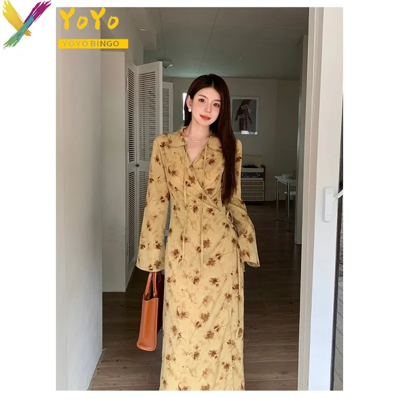 Elegante Formele Gele Print Kant V-Hals Lange Mouw Enkel A-Lijn Jurk Herfst Winter 2024 Losse Casual Chiffon Vakantie Jurk