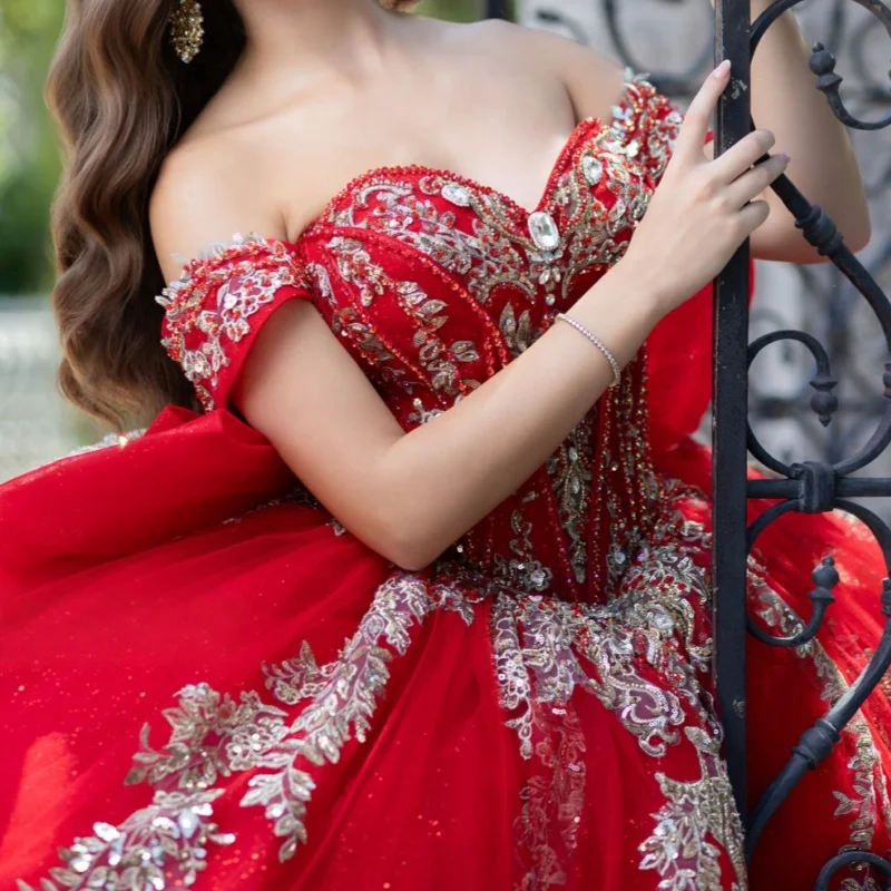 

Customized Shiny Red Quinceanera Dresses Off the Shoulder decal crystal 3D flower Long tail Bow Vestido 15 Quinceanera