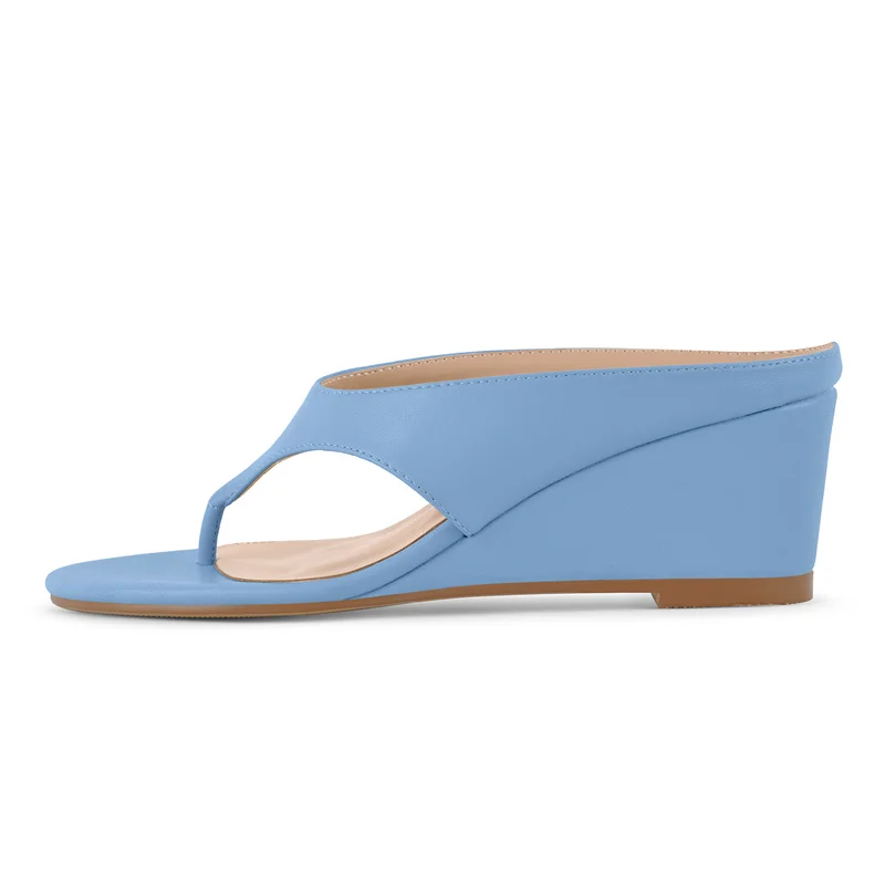 Onlymaker Women Pink Thong Wedge Mule Sandals Round Open Toe Slip On Slide Summer High Wedge Heel Flip Flop Sandals view 6