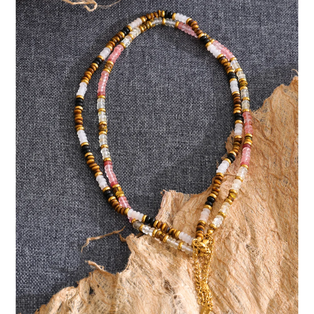 Yhpup Stainless Steel Natural Tiger Pink Stone Beads Chain Necklace Exquisite Fashion Handmade Collar Manual Jewelry Wholesale