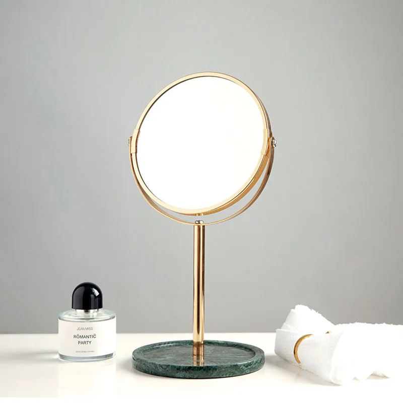 Natural Marble 360 Rotating Makeup Vanity Mirror Golden Desktop Double Sided 2X Magnifier Stand Bathroom Accessories