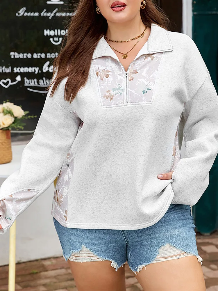 GIBSIE Plus Size Stand Collar Printed Zipper Front Pullover Hoodie Women Casual Long Sleeve All Match Woman Sweatshirts 2025 New