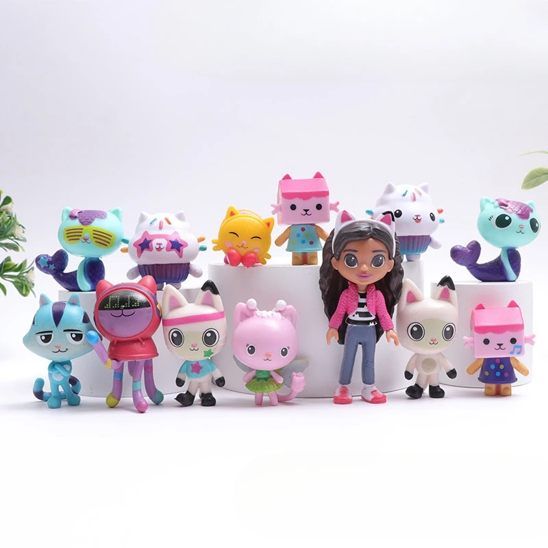 13 Uds V1/2 figura de casa de muñecas Gabby juguete coche sonriente abrazo de gato muñecas de niña Gaby Mercat figura de acción de dibujos animados niños regalos de cumpleaños de Navidad