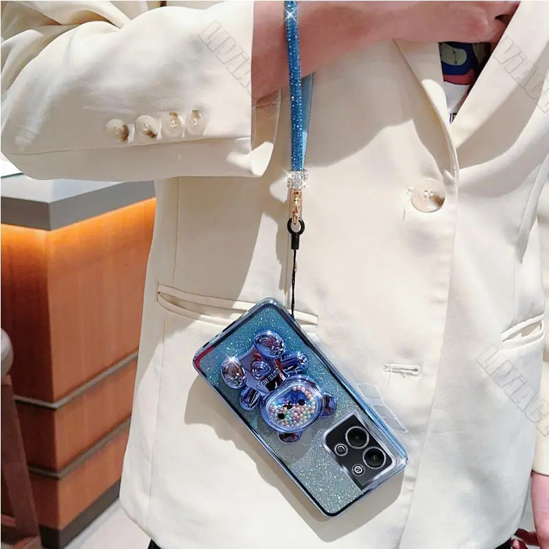 Reno7 Reno2 Reno3 Diamond Strap Glitter Bear Phone Holder Case On For Oppo Reno 7 2 Z 2Z 3 4 5 5K 6 6Z SE Pro 4G 5G Stand Cover