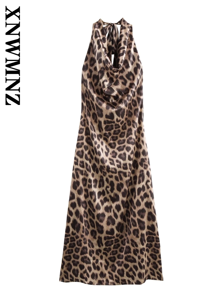 XNWMNZ 2024 Nuova Moda Donna Lunghezza Lunga Gonna Midi Abito Chic Lady Senza Maniche Colletto Allacciato Abiti Regular Fit Pizzo LEOPARD