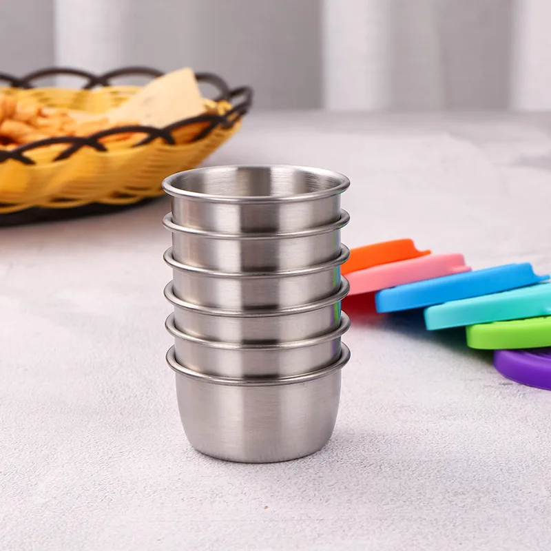 Imagen 5: Tazas para salsa de inmersión de acero inoxidable, platos para condimentos con tapas de silicona a prueba de fugas, contenedor de comida reutilizable para aderezo de ensalada, 1/4 Uds.
