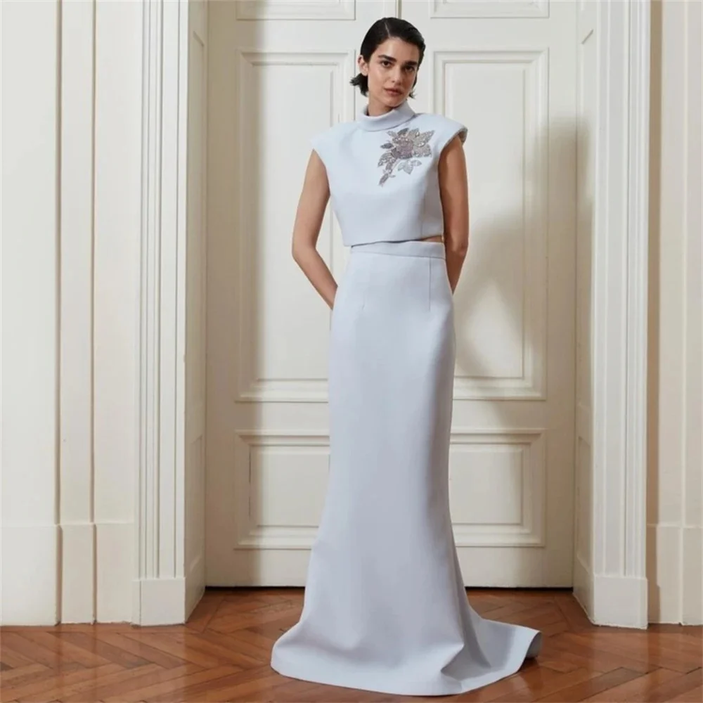 

2024 New Strapless Formal Evening Dress High Neck Satin Floor-Length Graduation Dress Beads Wedding Party Dress Reception Gown