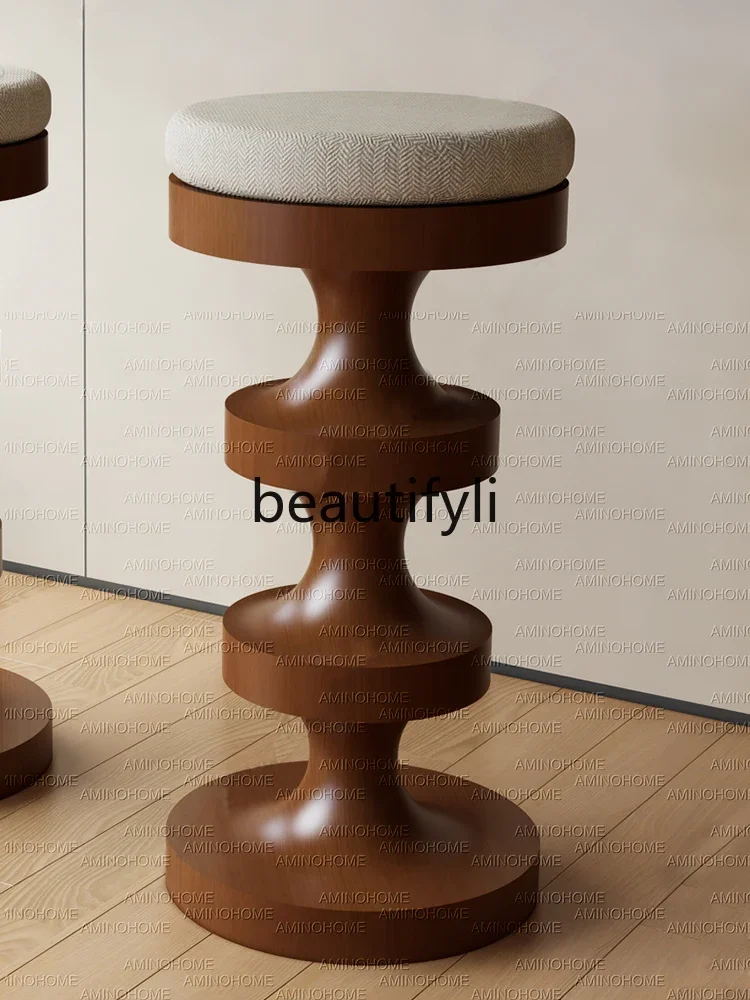 

Medieval retro style solid wood high chair island table chair light luxury high sense round stool
