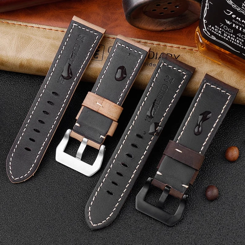 Frosted Vintage Genuine Leather watch strap For Panerai PAM111 441 312 Breitling Hamilton Men watchband 22m 24mm 26mm khaki band