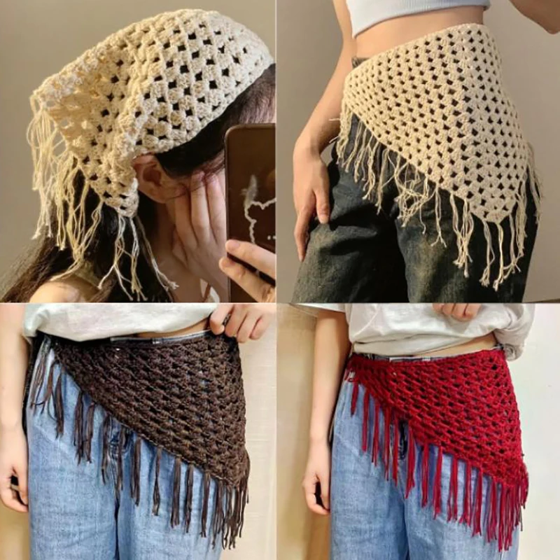 

Fashion Hollowing Out Triangle Headscarf Ethnic Style Turban Hair Scraf Multifunctional Bohemian Tassel Hip Apron Waist Band
