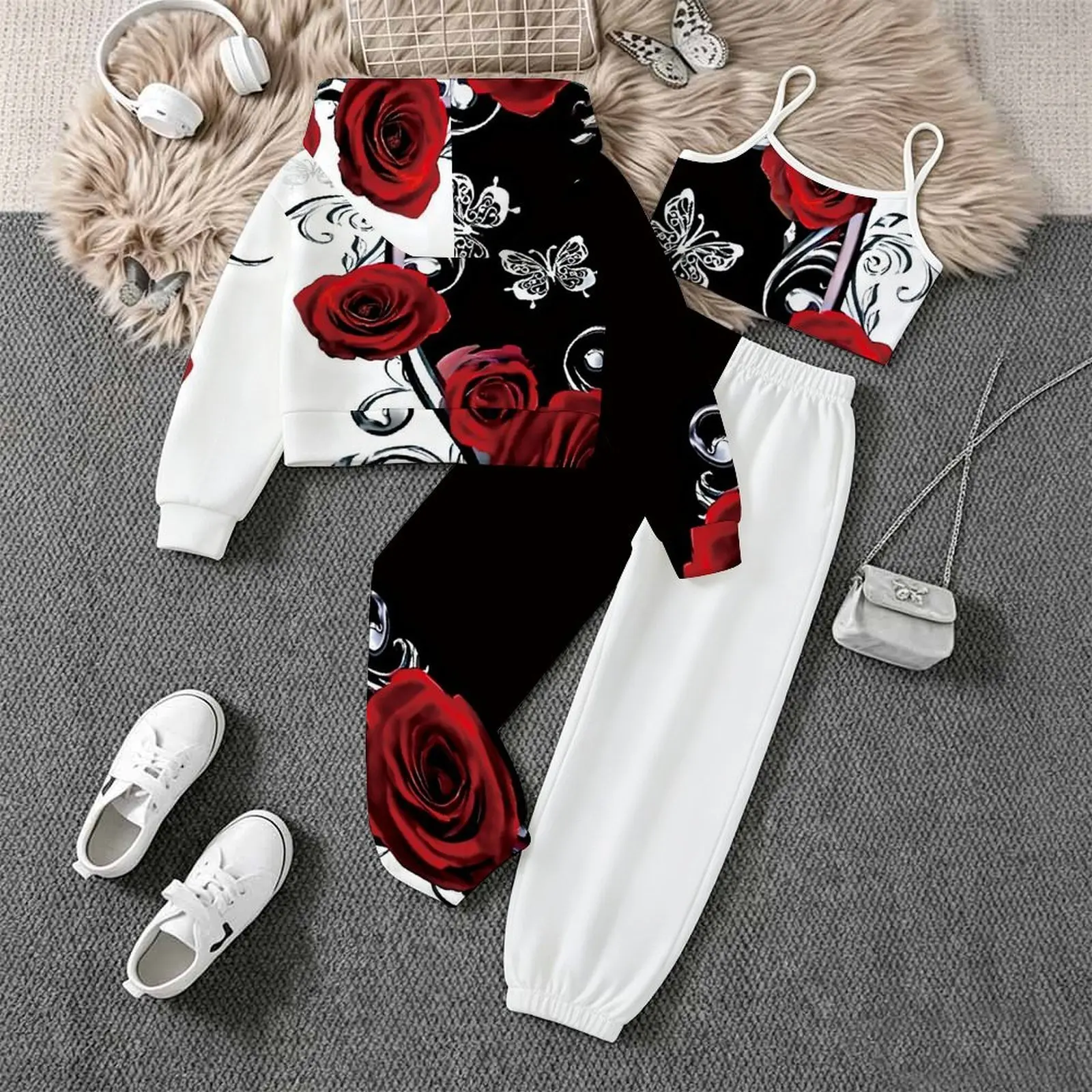 Children's Jogging Pants Casual Pants Autumn Winter Girls' Printed Three Piece Fashion Coat Everyday Vest Daily Pants
